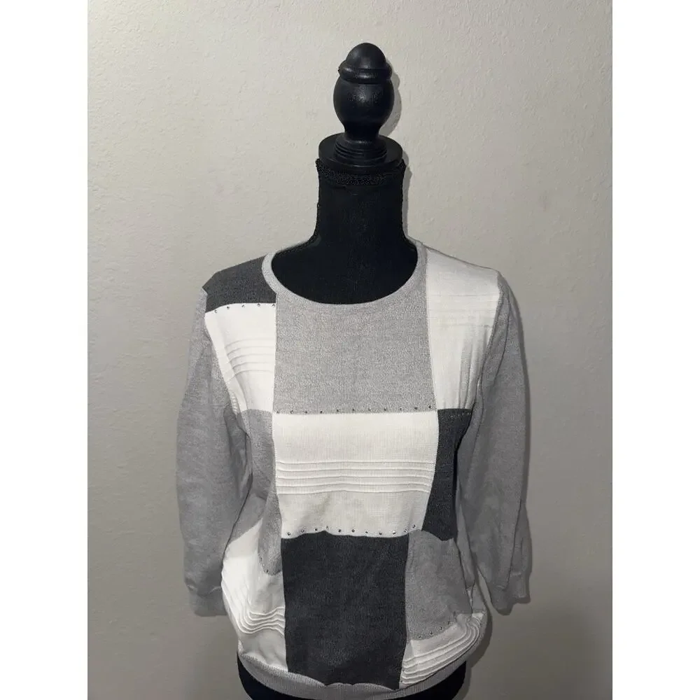 Alfred Dunner Petite PM Sweater Grey White Patchwork Colorblock Rhinestone Knit